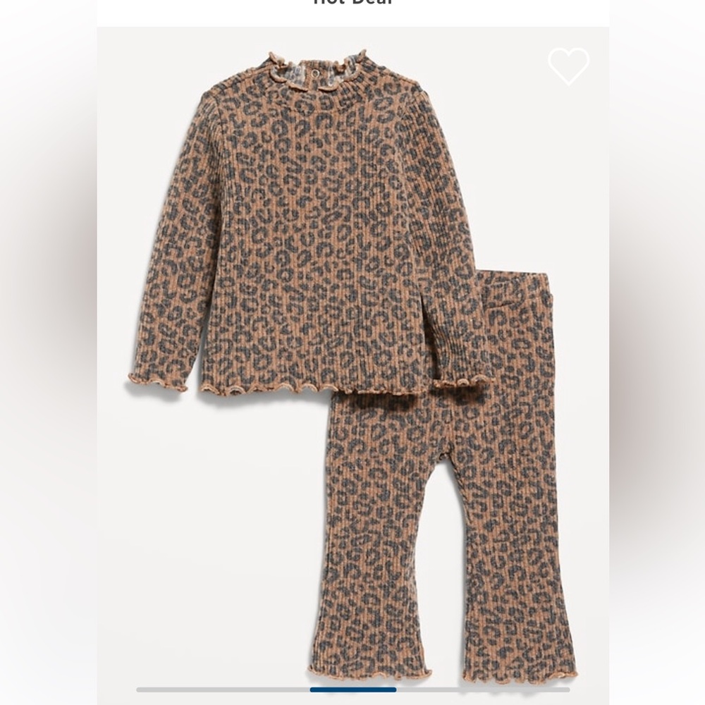 Leopard print 2Pc baby set cozy knit mock neck top and flare pants